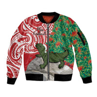 Personalised New Zealand Tuatara Christmas Sleeve Zip Bomber Jacket Meri Kirihimete Aotearoa Maori Mix Pohutukawa LT14 Unisex Red - Polynesian Pride
