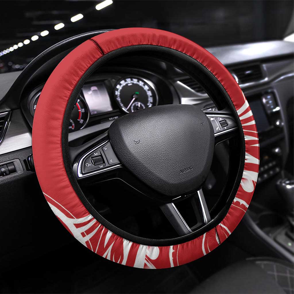New Zealand Tuatara Christmas Steering Wheel Cover Meri Kirihimete Aotearoa Maori Mix Pohutukawa LT14 Universal Fit Red - Polynesian Pride