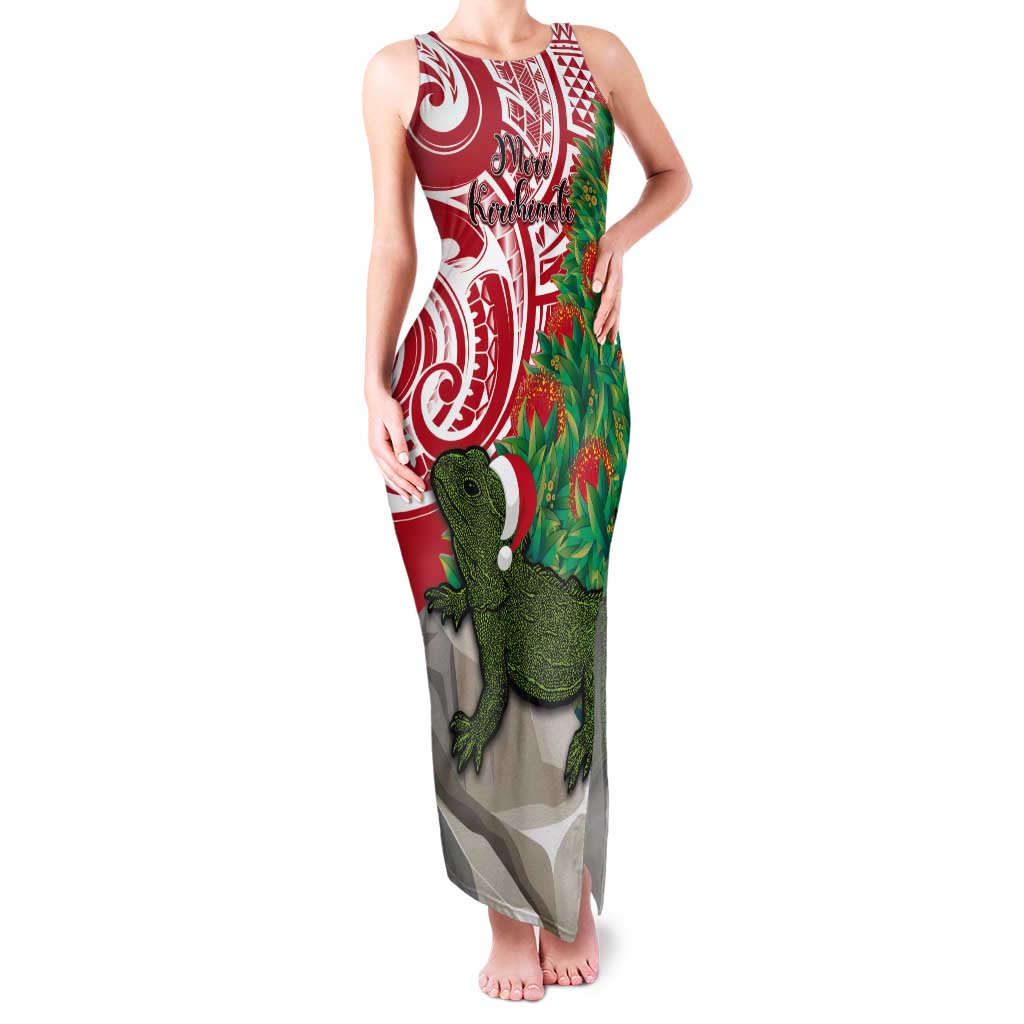 Personalised New Zealand Tuatara Christmas Tank Maxi Dress Meri Kirihimete Aotearoa Maori Mix Pohutukawa LT14 Women Red - Polynesian Pride