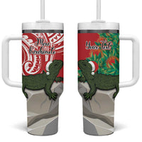Personalised New Zealand Tuatara Christmas Tumbler With Handle Meri Kirihimete Aotearoa Maori Mix Pohutukawa LT14 One Size: 40 oz Red - Polynesian Pride