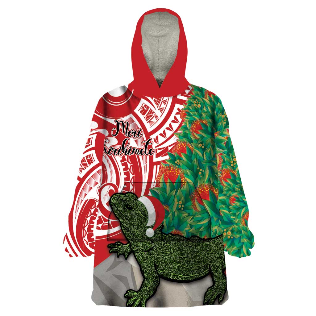 Personalised New Zealand Tuatara Christmas Wearable Blanket Hoodie Meri Kirihimete Aotearoa Maori Mix Pohutukawa LT14 One Size Red - Polynesian Pride