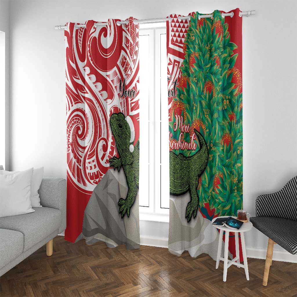 Personalised New Zealand Tuatara Christmas Window Curtain Meri Kirihimete Aotearoa Maori Mix Pohutukawa LT14 With Grommets Red - Polynesian Pride
