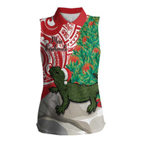 Personalised New Zealand Tuatara Christmas Women Sleeveless Polo Shirt Meri Kirihimete Aotearoa Maori Mix Pohutukawa LT14 Female Red - Polynesian Pride