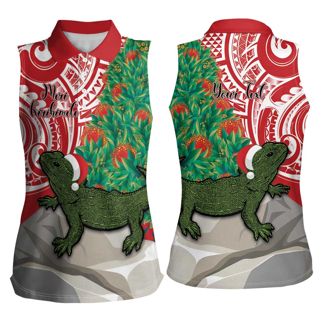 Personalised New Zealand Tuatara Christmas Women Sleeveless Polo Shirt Meri Kirihimete Aotearoa Maori Mix Pohutukawa LT14 - Polynesian Pride