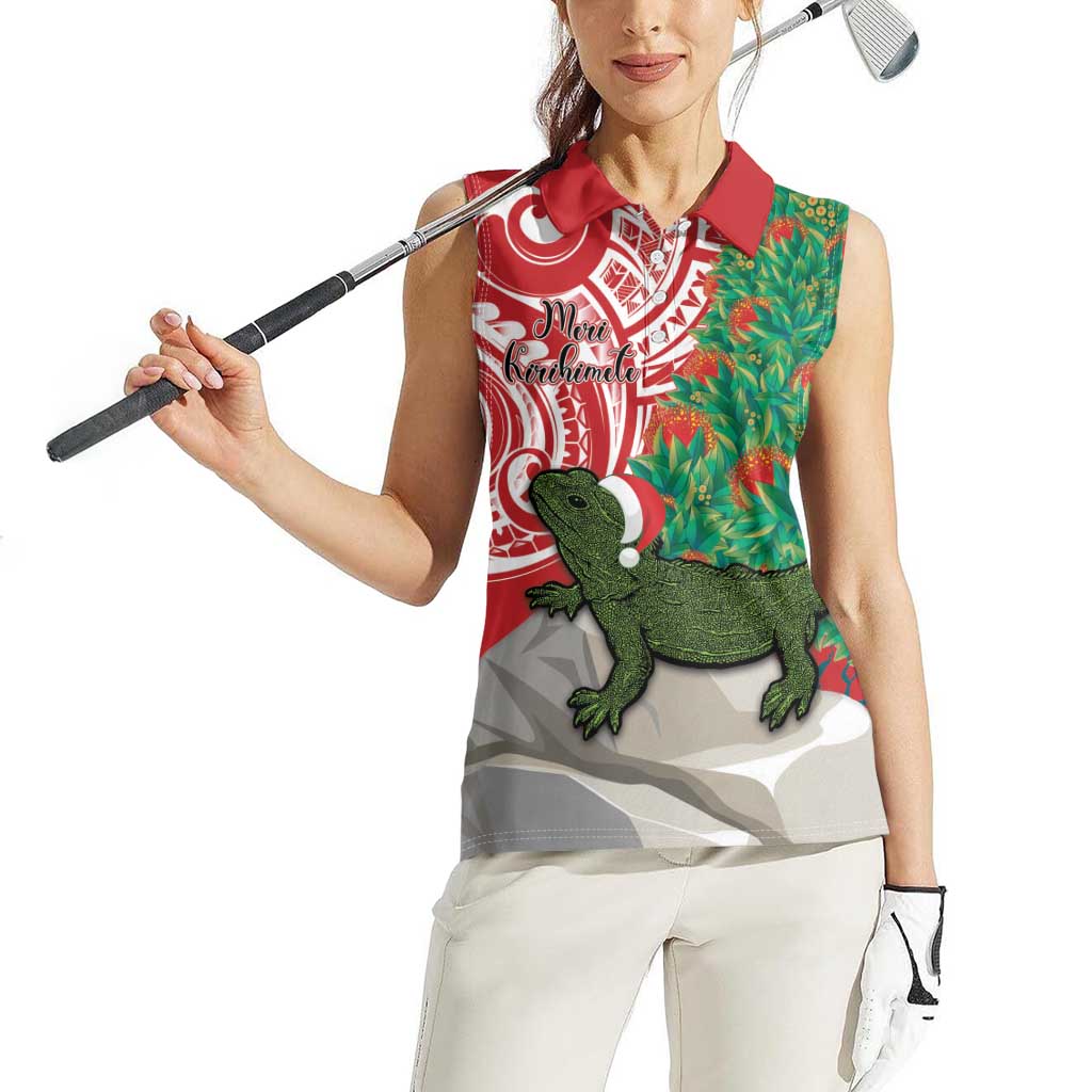 Personalised New Zealand Tuatara Christmas Women Sleeveless Polo Shirt Meri Kirihimete Aotearoa Maori Mix Pohutukawa LT14 - Polynesian Pride