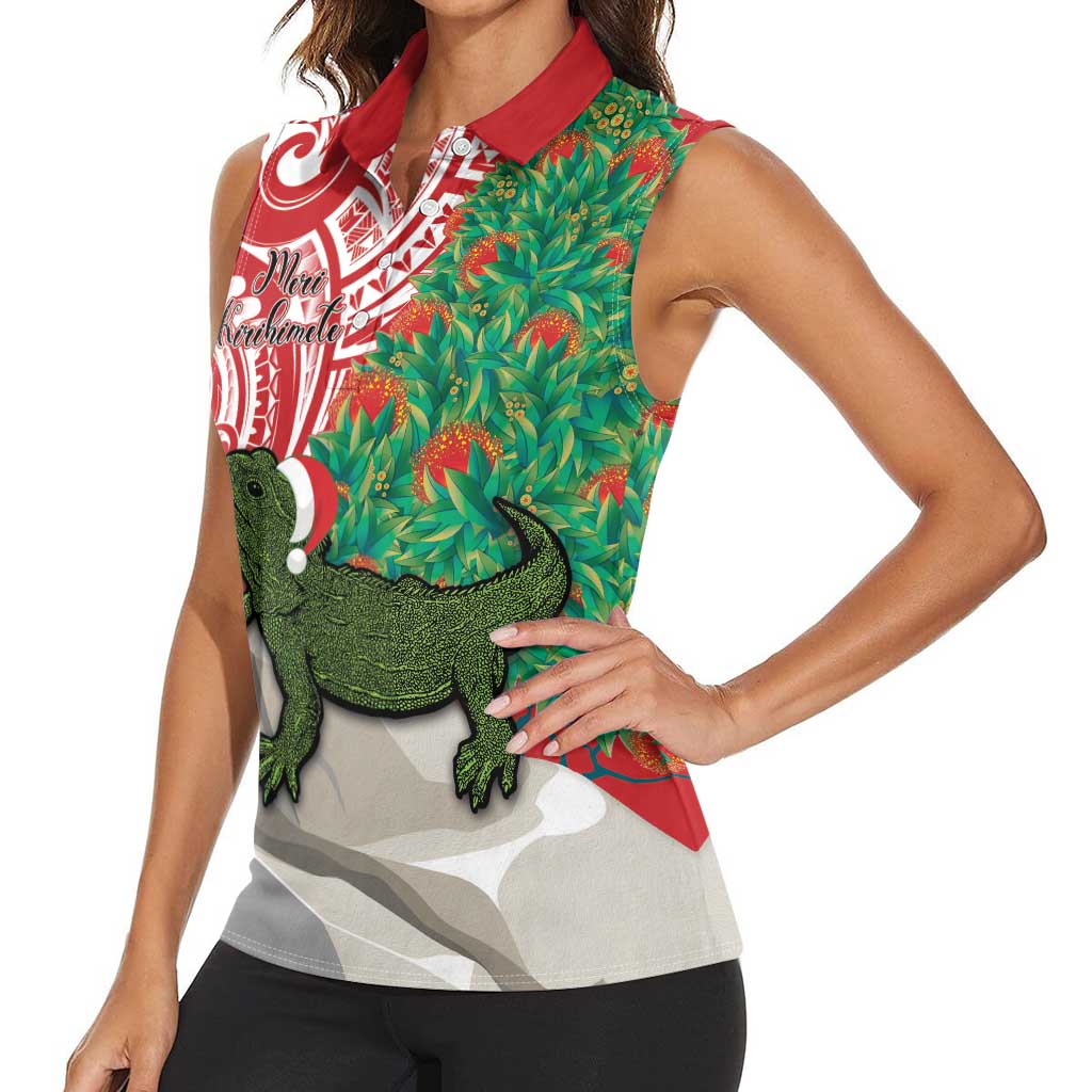 Personalised New Zealand Tuatara Christmas Women Sleeveless Polo Shirt Meri Kirihimete Aotearoa Maori Mix Pohutukawa LT14 - Polynesian Pride