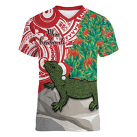Personalised New Zealand Tuatara Christmas Women V-Neck T-Shirt Meri Kirihimete Aotearoa Maori Mix Pohutukawa LT14 Female Red - Polynesian Pride