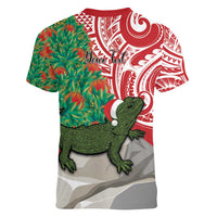 Personalised New Zealand Tuatara Christmas Women V-Neck T-Shirt Meri Kirihimete Aotearoa Maori Mix Pohutukawa LT14 - Polynesian Pride