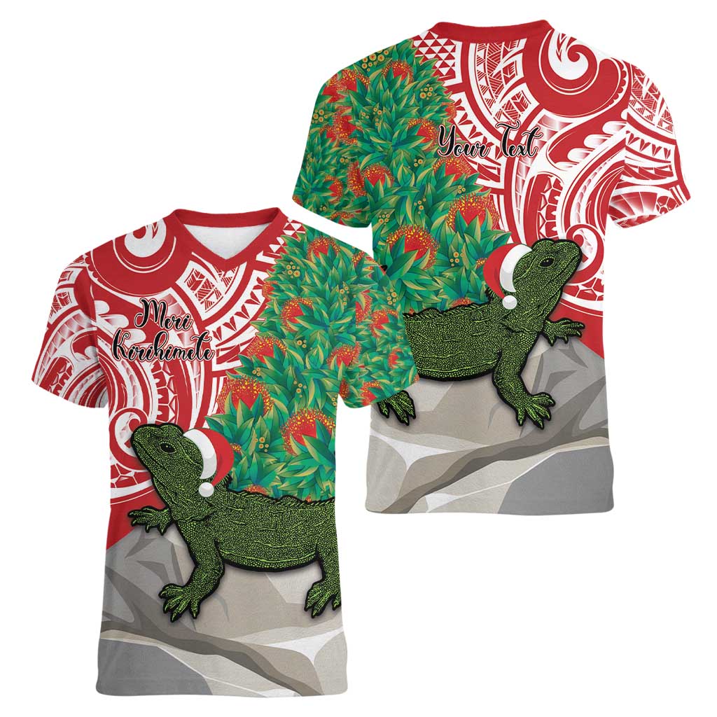 Personalised New Zealand Tuatara Christmas Women V-Neck T-Shirt Meri Kirihimete Aotearoa Maori Mix Pohutukawa LT14 - Polynesian Pride