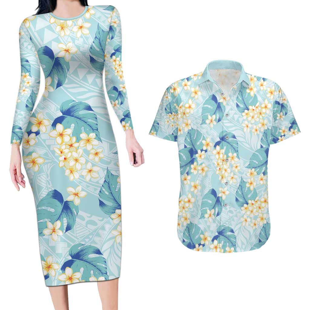 Pastel Cyan Tropical Hawaii Couples Matching Long Sleeve Bodycon Dress and Hawaiian Shirt Seamless Monstera Plumeria Hawaiian Pattern LT14 Pastel Cyan - Polynesian Pride