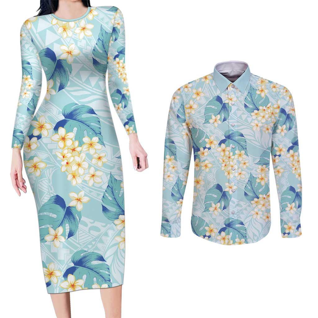 Pastel Cyan Tropical Hawaii Couples Matching Long Sleeve Bodycon Dress and Long Sleeve Button Shirt Seamless Monstera Plumeria Hawaiian Pattern LT14 Pastel Cyan - Polynesian Pride