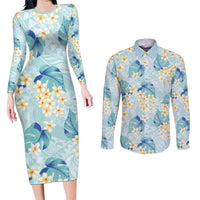 Pastel Cyan Tropical Hawaii Couples Matching Long Sleeve Bodycon Dress and Long Sleeve Button Shirt Seamless Monstera Plumeria Hawaiian Pattern LT14 Pastel Cyan - Polynesian Pride
