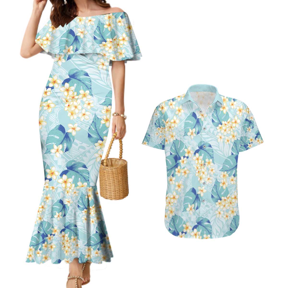 Pastel Cyan Tropical Hawaii Couples Matching Mermaid Dress and Hawaiian Shirt Seamless Monstera Plumeria Hawaiian Pattern LT14 Pastel Cyan - Polynesian Pride