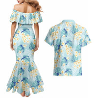 Pastel Cyan Tropical Hawaii Couples Matching Mermaid Dress and Hawaiian Shirt Seamless Monstera Plumeria Hawaiian Pattern LT14 - Polynesian Pride