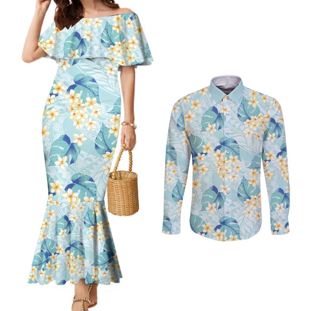 Pastel Cyan Tropical Hawaii Couples Matching Mermaid Dress and Long Sleeve Button Shirt Seamless Monstera Plumeria Hawaiian Pattern LT14 Pastel Cyan - Polynesian Pride
