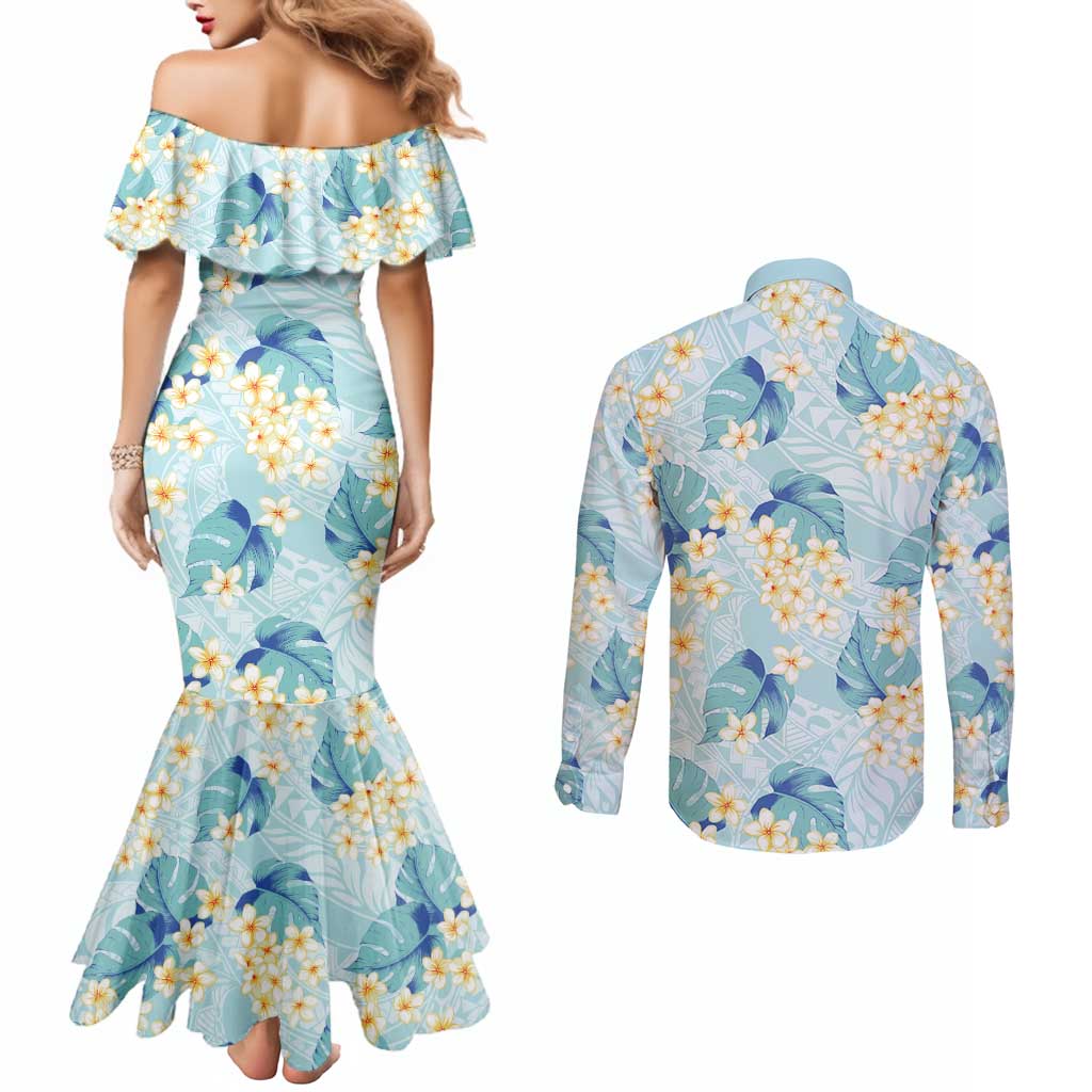 Pastel Cyan Tropical Hawaii Couples Matching Mermaid Dress and Long Sleeve Button Shirt Seamless Monstera Plumeria Hawaiian Pattern LT14 - Polynesian Pride