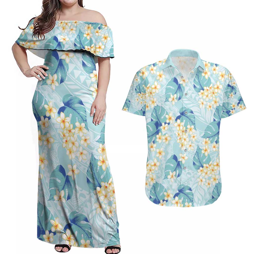 Pastel Cyan Tropical Hawaii Couples Matching Off Shoulder Maxi Dress and Hawaiian Shirt Seamless Monstera Plumeria Hawaiian Pattern LT14 Pastel Cyan - Polynesian Pride