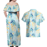Pastel Cyan Tropical Hawaii Couples Matching Off Shoulder Maxi Dress and Hawaiian Shirt Seamless Monstera Plumeria Hawaiian Pattern LT14 - Polynesian Pride