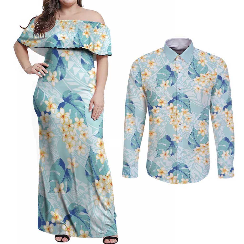 Pastel Cyan Tropical Hawaii Couples Matching Off Shoulder Maxi Dress and Long Sleeve Button Shirt Seamless Monstera Plumeria Hawaiian Pattern LT14 Pastel Cyan - Polynesian Pride