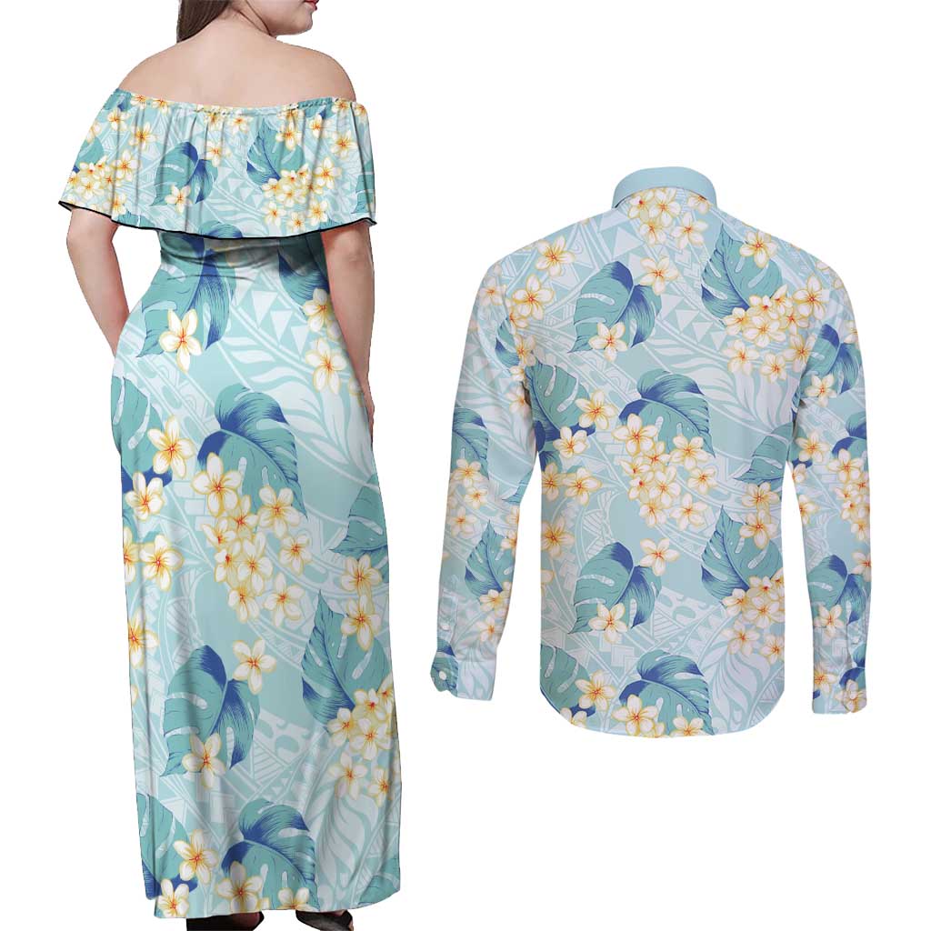 Pastel Cyan Tropical Hawaii Couples Matching Off Shoulder Maxi Dress and Long Sleeve Button Shirt Seamless Monstera Plumeria Hawaiian Pattern LT14 - Polynesian Pride