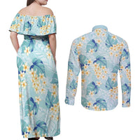 Pastel Cyan Tropical Hawaii Couples Matching Off Shoulder Maxi Dress and Long Sleeve Button Shirt Seamless Monstera Plumeria Hawaiian Pattern LT14 - Polynesian Pride