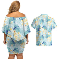 Pastel Cyan Tropical Hawaii Couples Matching Off Shoulder Short Dress and Hawaiian Shirt Seamless Monstera Plumeria Hawaiian Pattern LT14 - Polynesian Pride