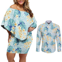 Pastel Cyan Tropical Hawaii Couples Matching Off Shoulder Short Dress and Long Sleeve Button Shirt Seamless Monstera Plumeria Hawaiian Pattern LT14 Pastel Cyan - Polynesian Pride