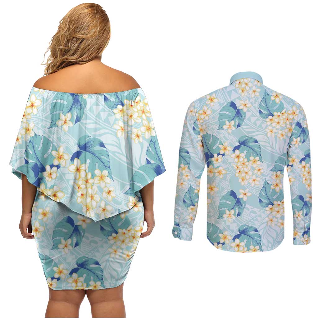 Pastel Cyan Tropical Hawaii Couples Matching Off Shoulder Short Dress and Long Sleeve Button Shirt Seamless Monstera Plumeria Hawaiian Pattern LT14 - Polynesian Pride