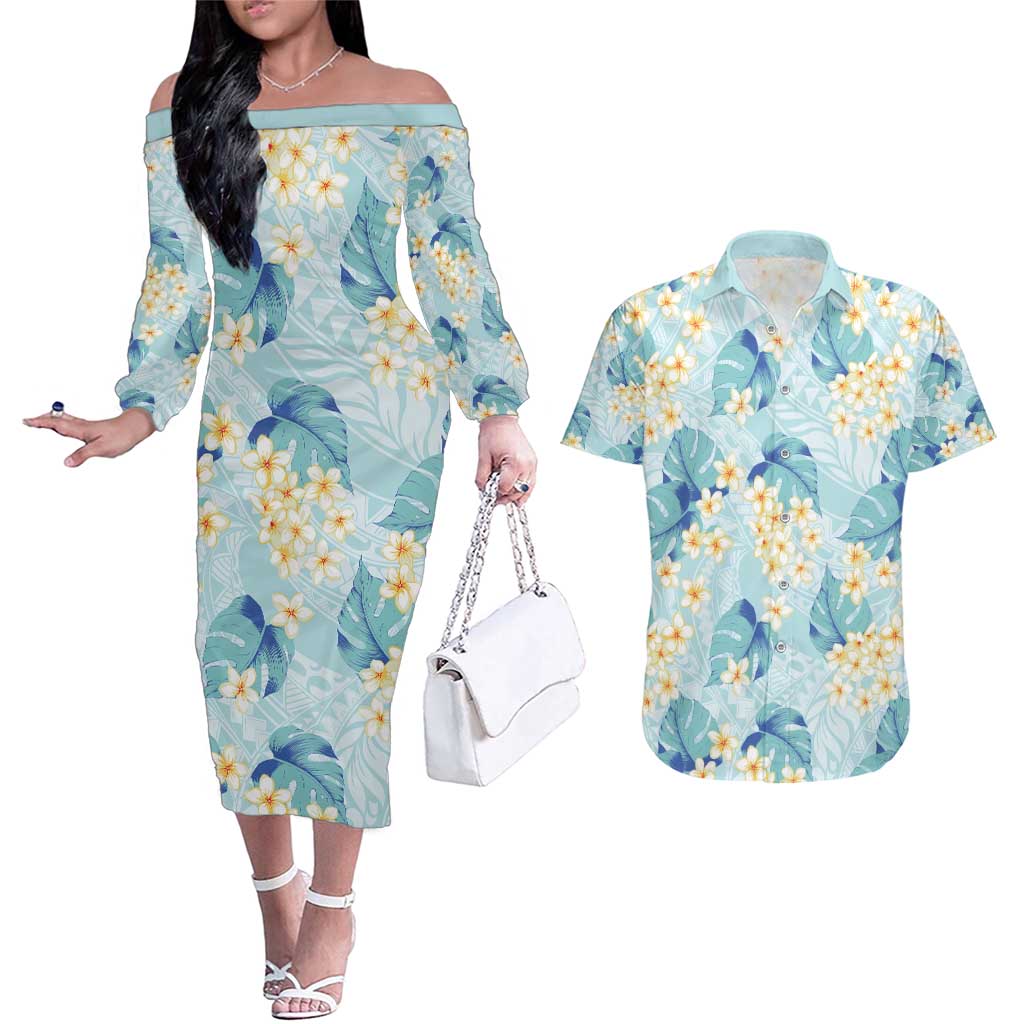 Pastel Cyan Tropical Hawaii Couples Matching Off The Shoulder Long Sleeve Dress and Hawaiian Shirt Seamless Monstera Plumeria Hawaiian Pattern LT14 Pastel Cyan - Polynesian Pride