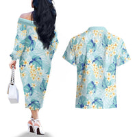 Pastel Cyan Tropical Hawaii Couples Matching Off The Shoulder Long Sleeve Dress and Hawaiian Shirt Seamless Monstera Plumeria Hawaiian Pattern LT14 - Polynesian Pride
