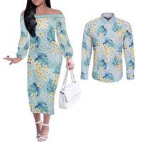 Pastel Cyan Tropical Hawaii Couples Matching Off The Shoulder Long Sleeve Dress and Long Sleeve Button Shirt Seamless Monstera Plumeria Hawaiian Pattern LT14 Pastel Cyan - Polynesian Pride