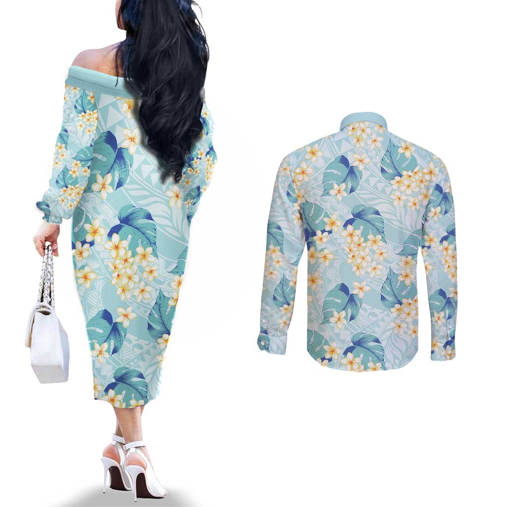 Pastel Cyan Tropical Hawaii Couples Matching Off The Shoulder Long Sleeve Dress and Long Sleeve Button Shirt Seamless Monstera Plumeria Hawaiian Pattern LT14 - Polynesian Pride