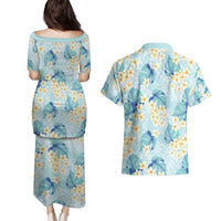 Pastel Cyan Tropical Hawaii Couples Matching Puletasi and Hawaiian Shirt Seamless Monstera Plumeria Hawaiian Pattern LT14 - Polynesian Pride