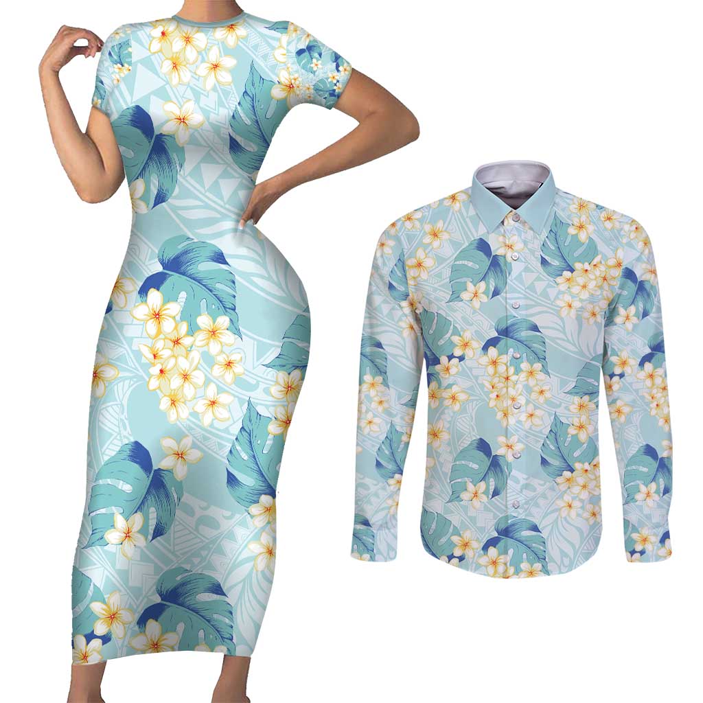 Pastel Cyan Tropical Hawaii Couples Matching Short Sleeve Bodycon Dress and Long Sleeve Button Shirt Seamless Monstera Plumeria Hawaiian Pattern LT14 Pastel Cyan - Polynesian Pride