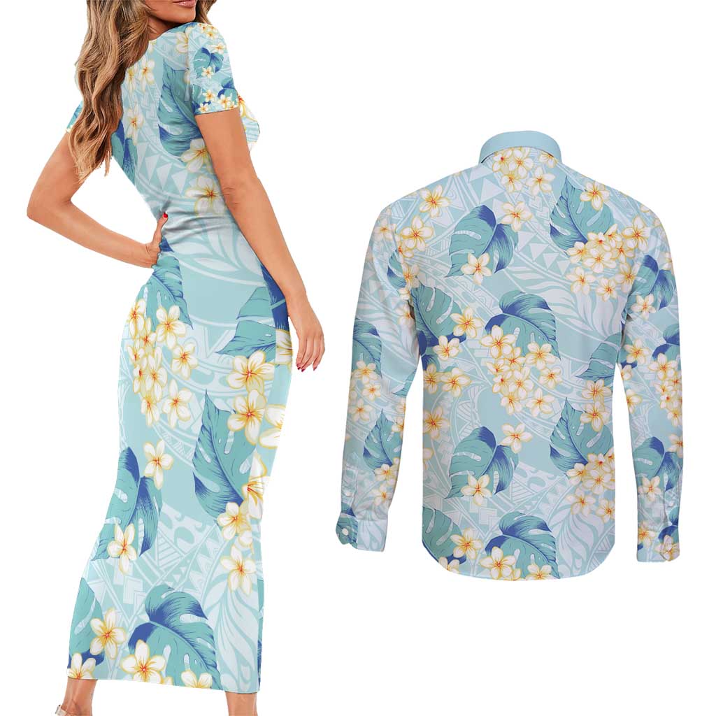 Pastel Cyan Tropical Hawaii Couples Matching Short Sleeve Bodycon Dress and Long Sleeve Button Shirt Seamless Monstera Plumeria Hawaiian Pattern LT14 - Polynesian Pride