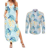 Pastel Cyan Tropical Hawaii Couples Matching Summer Maxi Dress and Long Sleeve Button Shirt Seamless Monstera Plumeria Hawaiian Pattern LT14 Pastel Cyan - Polynesian Pride