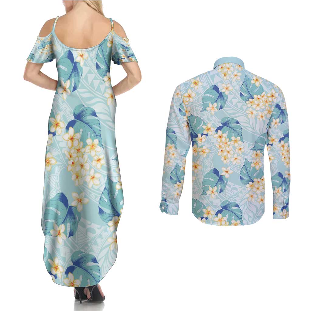 Pastel Cyan Tropical Hawaii Couples Matching Summer Maxi Dress and Long Sleeve Button Shirt Seamless Monstera Plumeria Hawaiian Pattern LT14 - Polynesian Pride