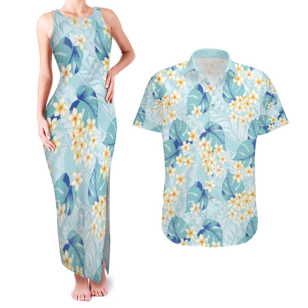 Pastel Cyan Tropical Hawaii Couples Matching Tank Maxi Dress and Hawaiian Shirt Seamless Monstera Plumeria Hawaiian Pattern LT14 Pastel Cyan - Polynesian Pride