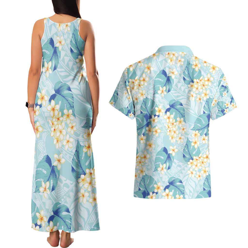 Pastel Cyan Tropical Hawaii Couples Matching Tank Maxi Dress and Hawaiian Shirt Seamless Monstera Plumeria Hawaiian Pattern LT14 - Polynesian Pride