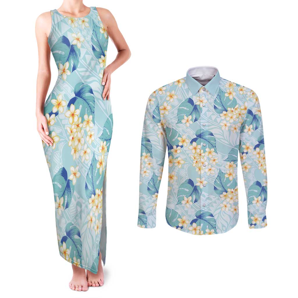Pastel Cyan Tropical Hawaii Couples Matching Tank Maxi Dress and Long Sleeve Button Shirt Seamless Monstera Plumeria Hawaiian Pattern LT14 Pastel Cyan - Polynesian Pride