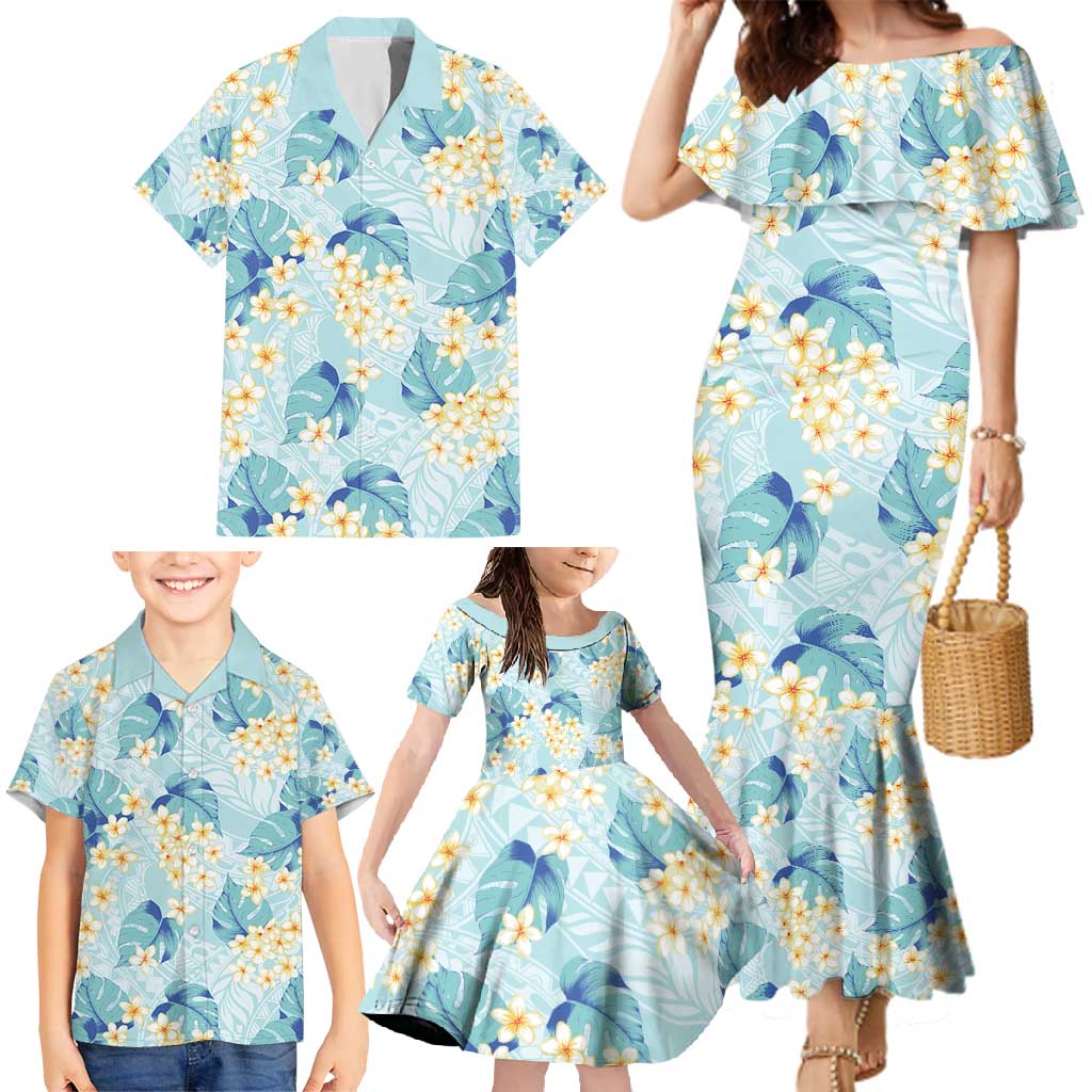 Pastel Cyan Tropical Hawaii Family Matching Mermaid Dress and Hawaiian Shirt Seamless Monstera Plumeria Hawaiian Pattern LT14 - Polynesian Pride