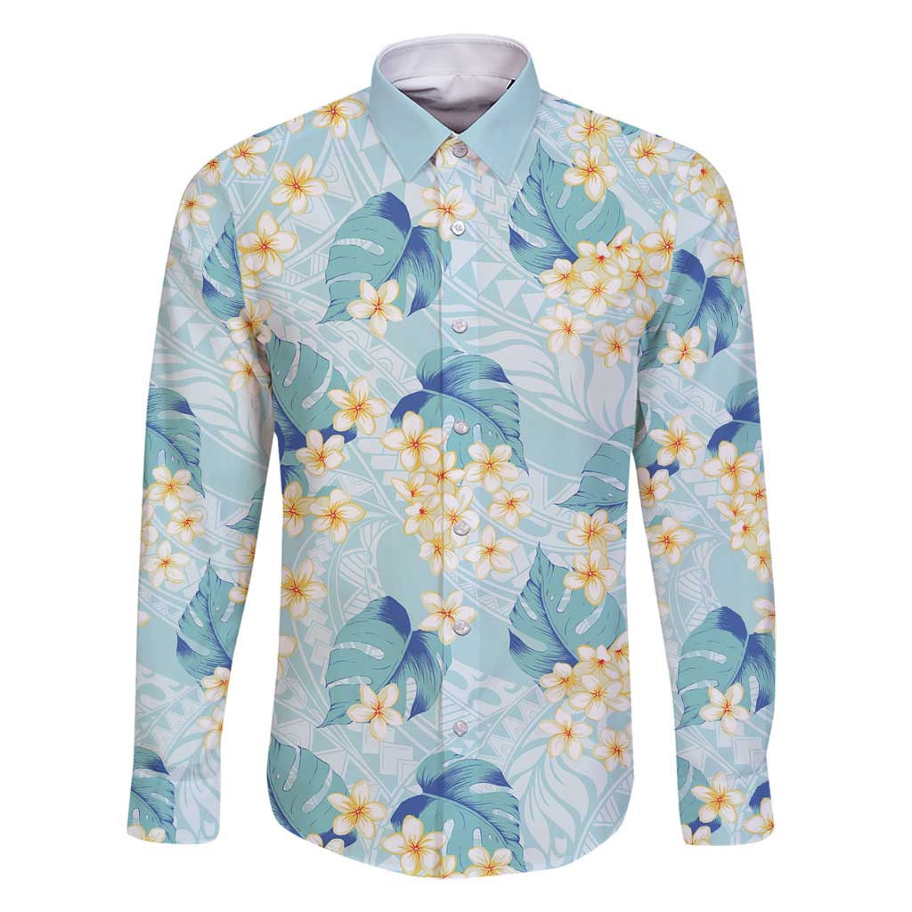 Pastel Cyan Tropical Hawaii Family Matching Mermaid Dress and Hawaiian Shirt Seamless Monstera Plumeria Hawaiian Pattern LT14 Dad's Shirt - Long Sleeve Pastel Cyan - Polynesian Pride