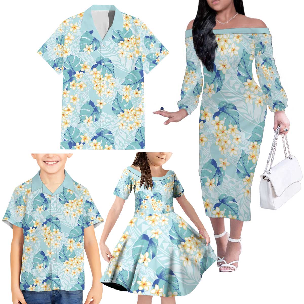 Pastel Cyan Tropical Hawaii Family Matching Off The Shoulder Long Sleeve Dress and Hawaiian Shirt Seamless Monstera Plumeria Hawaiian Pattern LT14 - Polynesian Pride