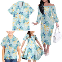 Pastel Cyan Tropical Hawaii Family Matching Off The Shoulder Long Sleeve Dress and Hawaiian Shirt Seamless Monstera Plumeria Hawaiian Pattern LT14 - Polynesian Pride