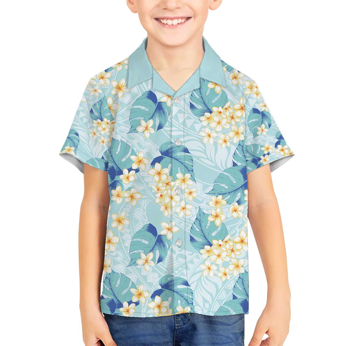 Pastel Cyan Tropical Hawaii Family Matching Off The Shoulder Long Sleeve Dress and Hawaiian Shirt Seamless Monstera Plumeria Hawaiian Pattern LT14 Son's Shirt Pastel Cyan - Polynesian Pride