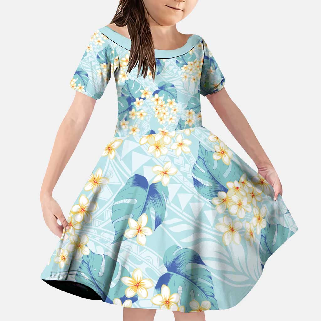 Pastel Cyan Tropical Hawaii Family Matching Off Shoulder Maxi Dress and Hawaiian Shirt Seamless Monstera Plumeria Hawaiian Pattern LT14 Daughter's Dress Pastel Cyan - Polynesian Pride