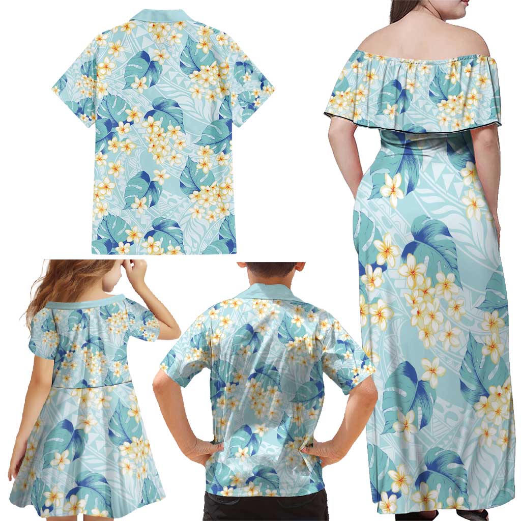 Pastel Cyan Tropical Hawaii Family Matching Off Shoulder Maxi Dress and Hawaiian Shirt Seamless Monstera Plumeria Hawaiian Pattern LT14 - Polynesian Pride