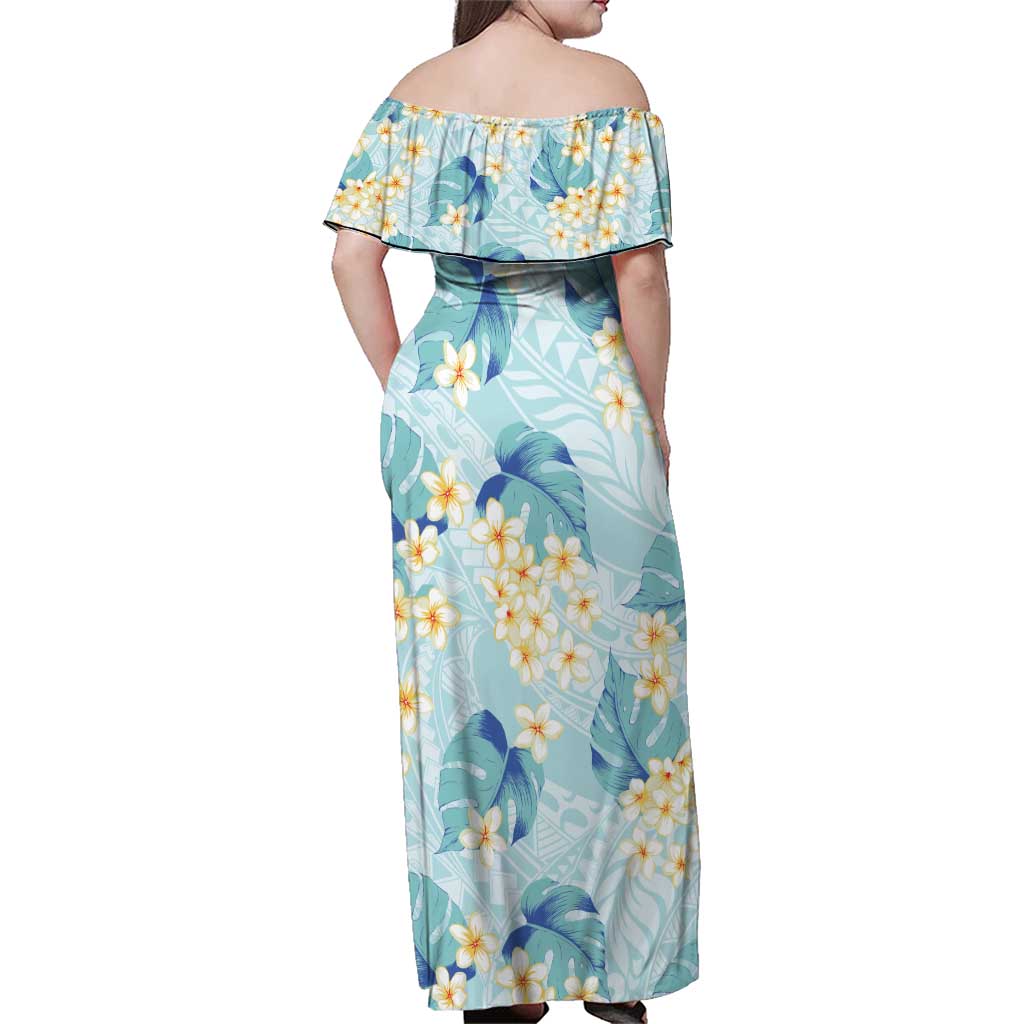 Pastel Cyan Tropical Hawaii Family Matching Off Shoulder Maxi Dress and Hawaiian Shirt Seamless Monstera Plumeria Hawaiian Pattern LT14 - Polynesian Pride