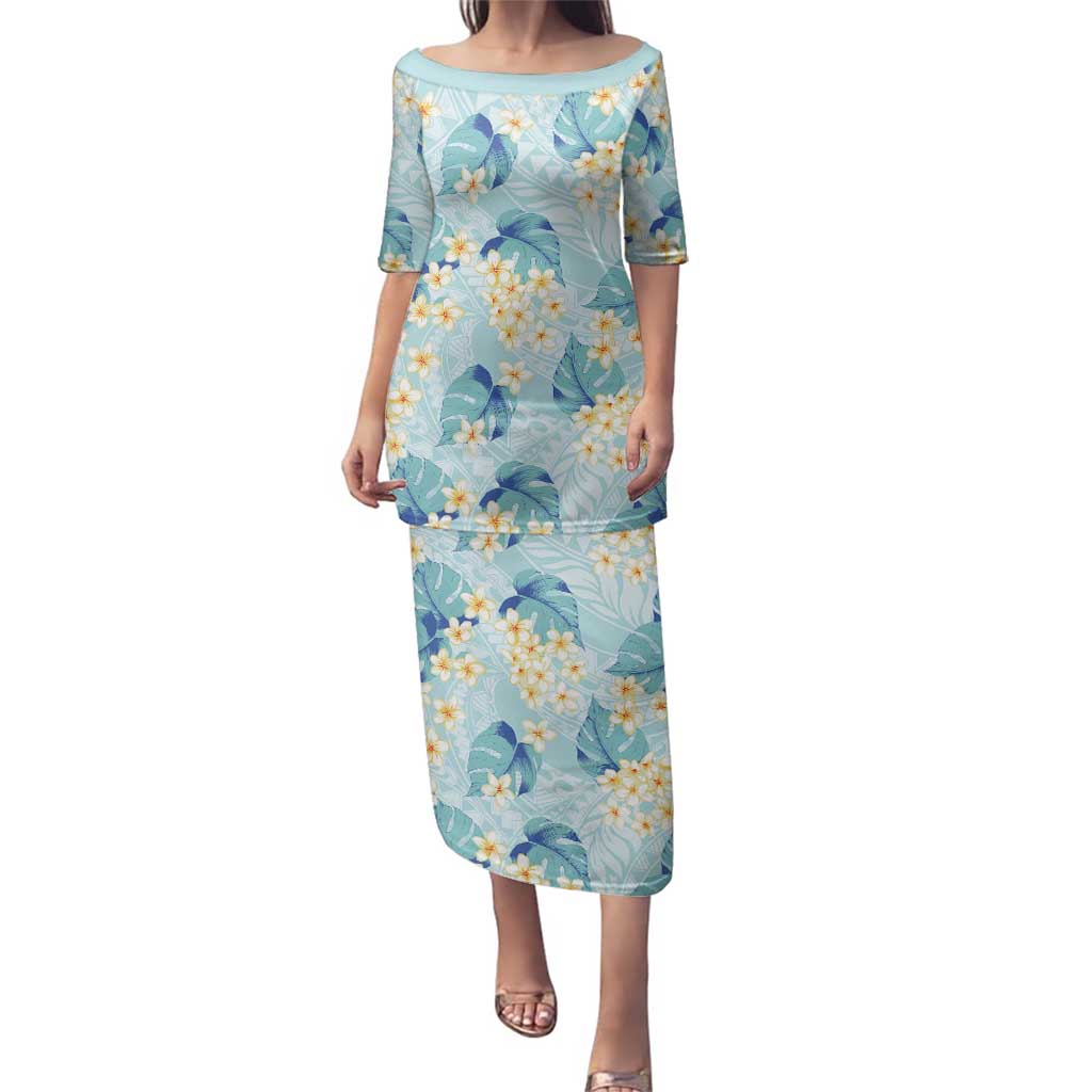 Pastel Cyan Tropical Hawaii Family Matching Puletasi and Hawaiian Shirt Seamless Monstera Plumeria Hawaiian Pattern LT14 Mom's Dress Pastel Cyan - Polynesian Pride