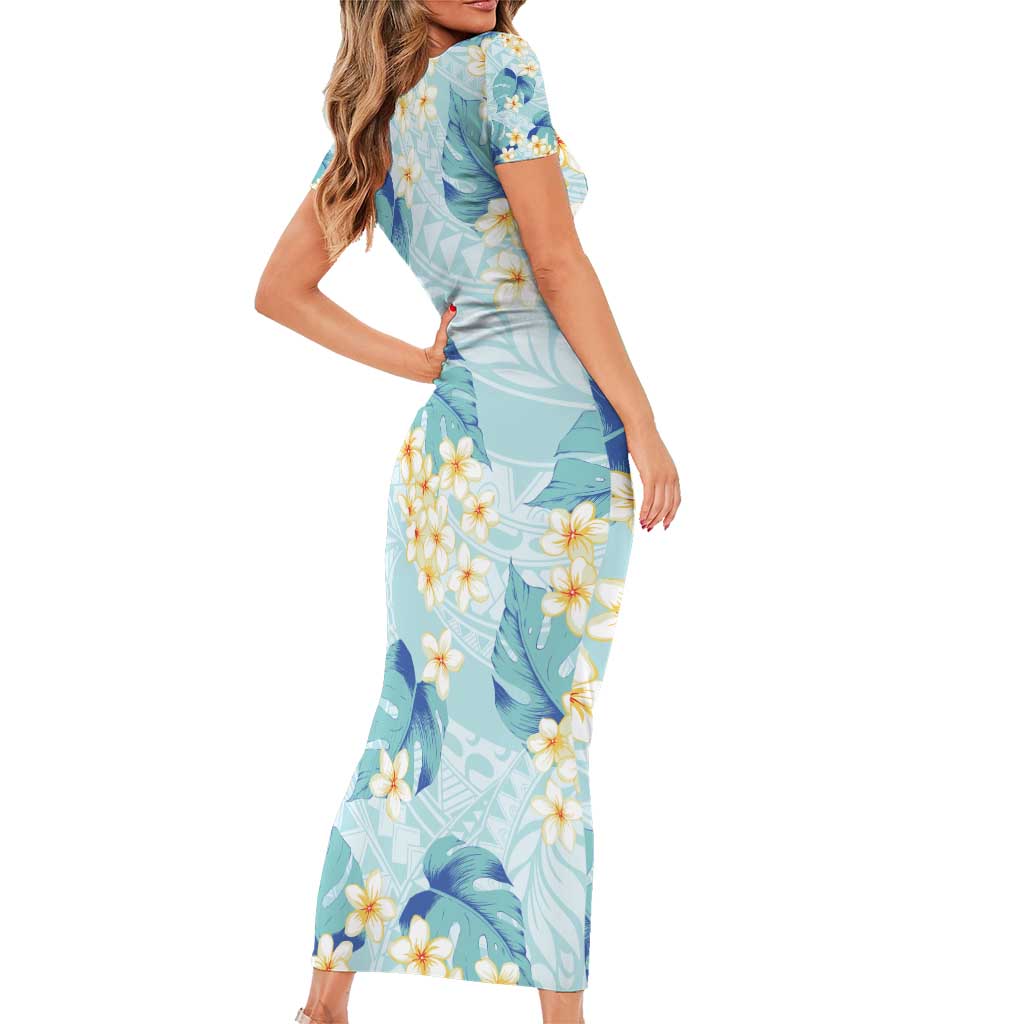 Pastel Cyan Tropical Hawaii Family Matching Short Sleeve Bodycon Dress and Hawaiian Shirt Seamless Monstera Plumeria Hawaiian Pattern LT14 - Polynesian Pride